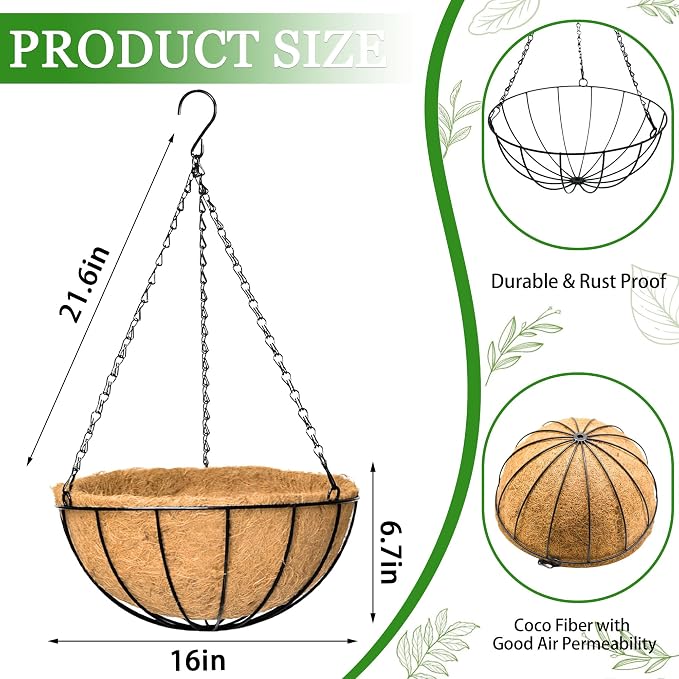 Hanging Planters for Outdoor Plants 4 Pack 16 inch Metal Hanging Flower Basket with Coco Coir Liner Wire Plant Holder Watering Flower Baskets Pot Hanger Garden Decoration for Indoor Outdoor(XGL)