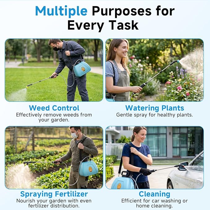Battery Powered Garden Sprayer 2 Gallon, 7.4V Rechargeable Weed Sprayer with 3 Pressure Mode, 5 Spray Nozzles, Telescopic Wand, Battery Indicator, Adjustable Strap for Lawn Garden, Blue