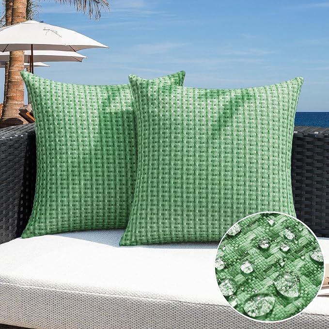 Kevin Textile Spring Outdoor Waterproof Throw Pillow Covers Pack of 2 Farmhouse Decorative Cushion Covers for Garden Patio Tent Balcony Bench Couch Sofa 22x22 Inch, Sage Green
