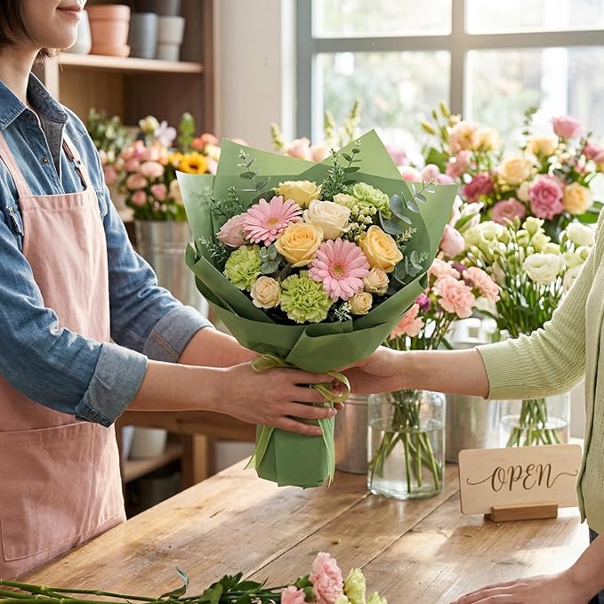 Sabary 120 Sheets Flower Wrapping Paper Bouquet Pure Color Waterproof Floral Packaging Paper with 196 Inch Ribbon Florist Bouquet Supplies for Wedding Birthday DIY, 22.8 x 22.8 Inch (Sea Pine Green)