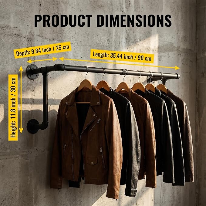 Homeyeeng Clothes Rack, Industrial Wall Pipe Clothing Rack for Hanging Clothes, Wall Mounted Heavy Duty Space Saving Garment Rack, Multi-Purpose Clothing Hanging Rods for Closet Storage, Black, 2Pcs