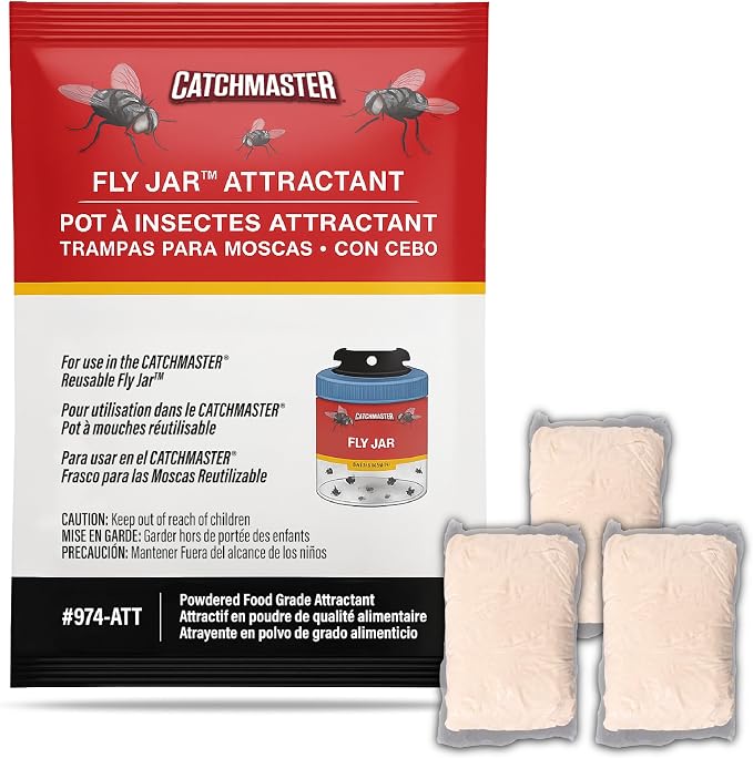 Catchmaster Fly Bait Refills, 3 Pack, for Outdoor Reusable Fly Trap Jars" New size: "Fly Jar Bait Refill 3-Count | Catches house, bottle & blowflies, Food-based lure, low odor, Works in the catcher you own, Cuts plastic waste