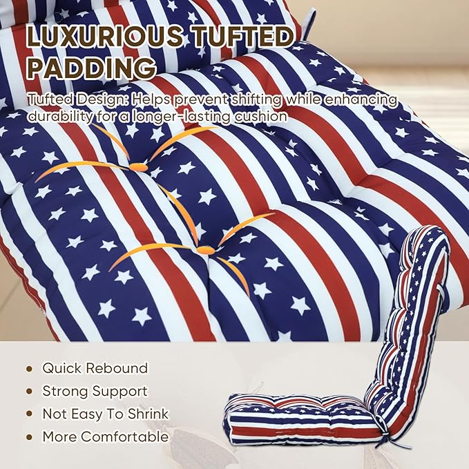 COOS BAY High Back Adirondack Chair Cushions for Outdoor Furniture, 49x20x5 in Water-Resistant Thick Tufted Patio Chair Cushions with Secure Straps, Set of 2, American Flag