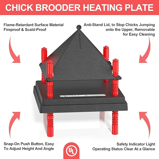 Chick Brooder Heating Plate with Anti Stand Cone, Adjustable Height Brooder Heater for Chicks, Downward Heat Distribution for Outdoor Barns & Coops (12" x 12" Black)