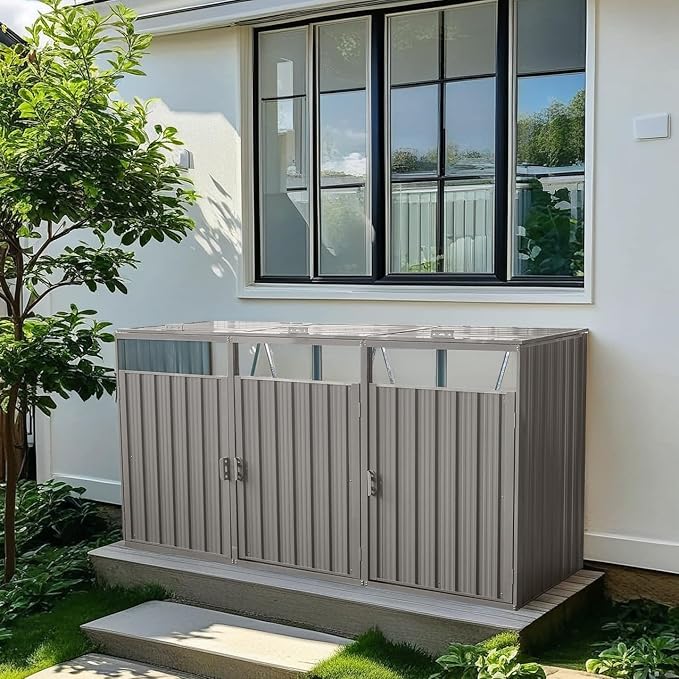 82.7 Cu.Ft Outdoor Trash Can Storage Shed, Metal Trash Can Storage Bin with Spring Chain Lid for Garbage Storage, Waterproof Storage Shed Stores for 3 Trash Cans, Garden Tools, Gray