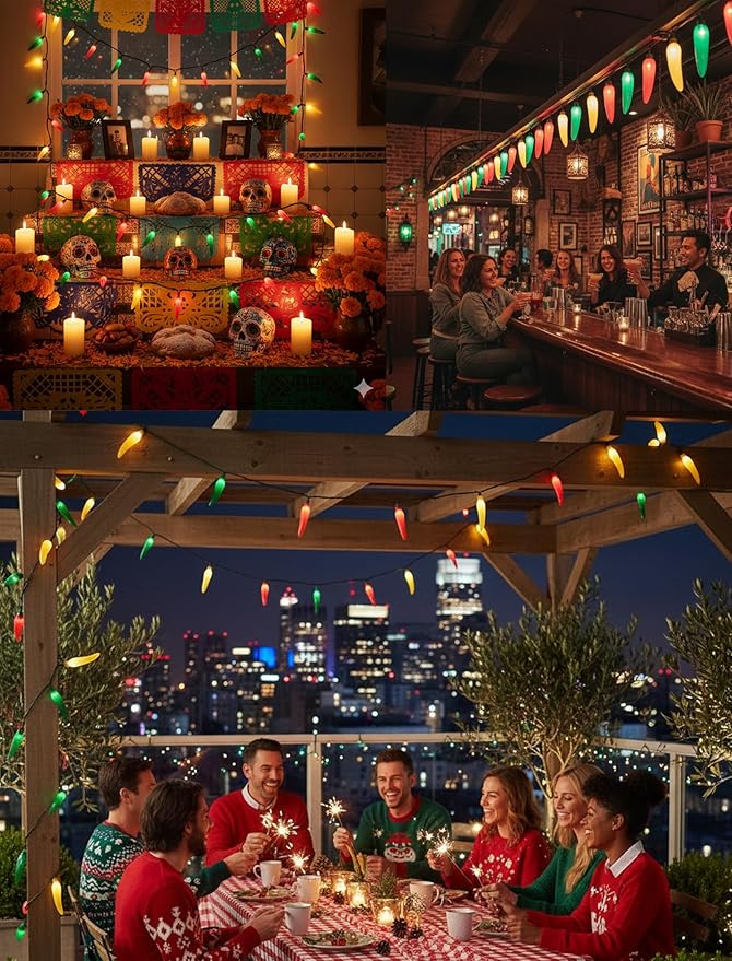 Multicolor Chili Pepper String Lights Plug in, 13.6Ft Outdoor Christmas Decorations Lights with 35 LED Red Green Yellow Chili Pepper Lights for Cinco de Mayo Fiesta House Kitchen Patio Mexican Party