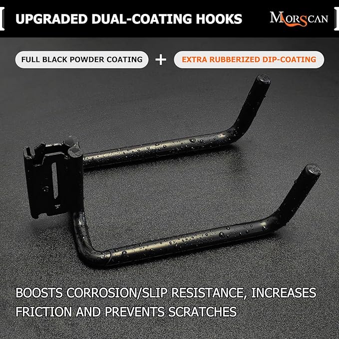 4-Pack Heavy-Duty E-Track Double J Hooks with Extra Rubberized Dip-Coating - Steel Tool Hanger for Long Handled Tools, Trailers & Garden Storage