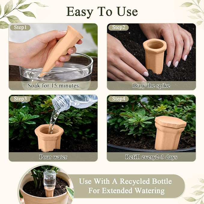 12 Pack Terracotta Watering Spikes with Lids Plant Watering Spikes Automatic Plant Waterer Devices Outdoor Indoor Vacation Friendly Slow Release Self Waterer Planter Insert(Medium)