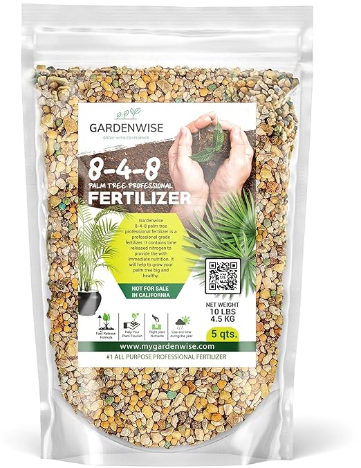 Gardenwise 8-4-8 Professional Palm Tree Fertilizer Plant Food; for Indoor Potted Plants and Outdoor Landscape Palm Trees; Quick-Release Nitrogen Fertilizer and Continuous Feeding (10 QUARTS)