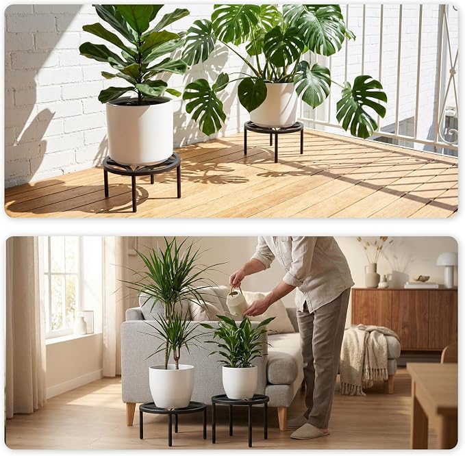 TOSKING 2-Pack Fully Assembled Heavy Duty Metal Plant Stand, Geometric Flower Pot Holder for Heavy Potted Plant, Rustproof Iron Plant Riser with Adjustable Feet, 200 LBS Capacity, No Installation Required, Indoor/Outdoor, Black (11.81"Dia x 6.5"H)