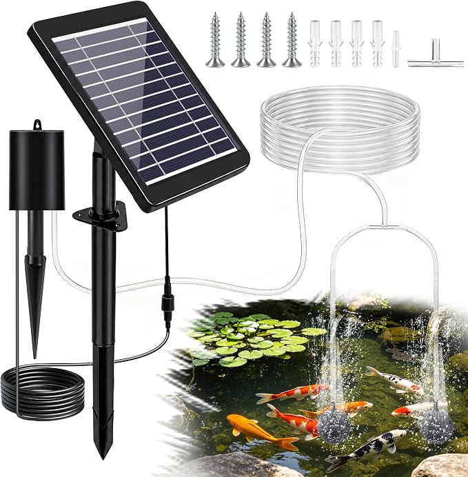 4W Solar Pond Aerator, Solar Aquarium Air Pump with 2 Air Stones, Three Working Modes, Solar Pond Oxygen Pump for Fish Tank, Outdoor Small Pond, Hydroponics