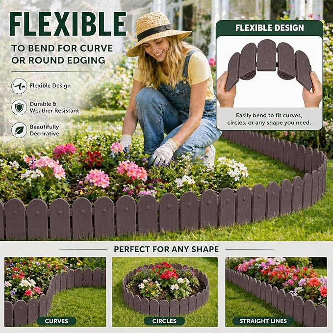 Evelyne Garden Border Plastic Edging: Wooden Fence Design - 8pcs Brown Yard Landscaping Fence Liner Lawn Edge Barrier - 10ft Kit of Decorative Lawn Panels Elements -Landscaping Edging-GMT-10374-A08