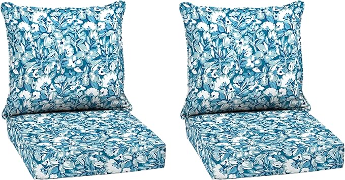 Arden Outdoor Deep Seat Cushion Set (2-Pack), 24 in x 24 in, Weather-Proof, Rain-Proof, Fade Resistant Patio Cushion for Chair, Sofa, and Couch Aqua Blue Fusion Floral