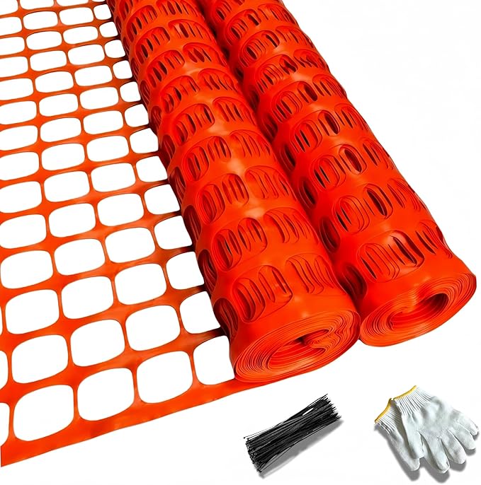 PotatoLife Plastic Mesh Fence Safety Fence, 2 Roll 4'x100' with 100 Zip Ties, Resuable Temporary Netting for Garden Fencing, Construction, Snow Fencing, Animal Barrier, Poultry, Deer, Patio, Orange