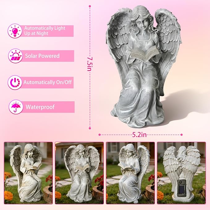 Solar Angel Book Statue, Waterproof Resin Outdoor Yard Garden Decor | Auto solar 7.5in reading angel figurine, warm LED glow, UV-resistant resin for indoor & outdoor decor