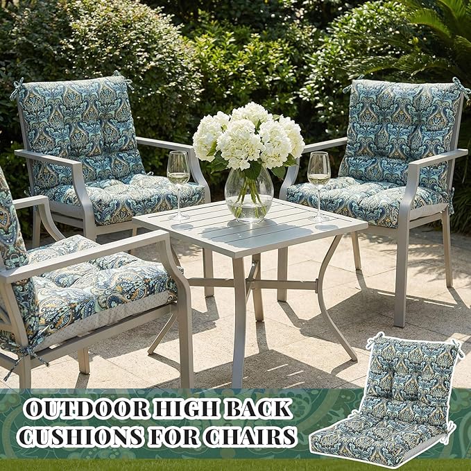 Marsui 4 Pcs Outdoor Indoor High Back Chair Cushions Patio Furniture Tufted Pillow with Ties Water-Resistant Replacement Outdoor Rocking Chair Cushions, 42 x 21 Inches (Blue,Paisley)
