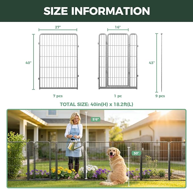 FXW Garden Fence Outdoor for the Yard – 40in(H) x 18.2ft(L) Heavy Duty Metal Animal Barrier for Dog, No Dig Decorative Dog Fence, 8 Panels, Silver