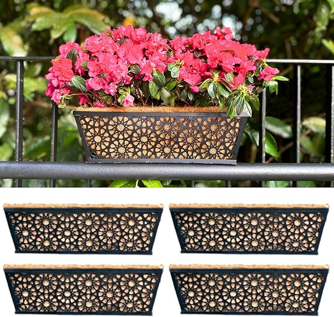 LaLaGreen Window Planter Boxes for Outdoor Plants (16 Inch, 4 Pack) Black Metal Wall Hanging Planters Deck Railing Flower Box with Coco Liners, Unique Horse Troughs Balcony Pots Patio Porch Over Rail