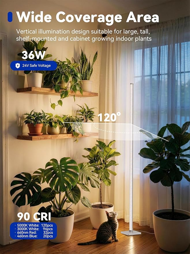 GLOWRIUM Grow Lights for Indoor Plants, 36W Vertical Plant Grow Lights with Auto-Timer, Full Spectrum LED Standing Plant Grow Light, 3 Light Modes, 6-Level Dimmable (60 in(Silver))