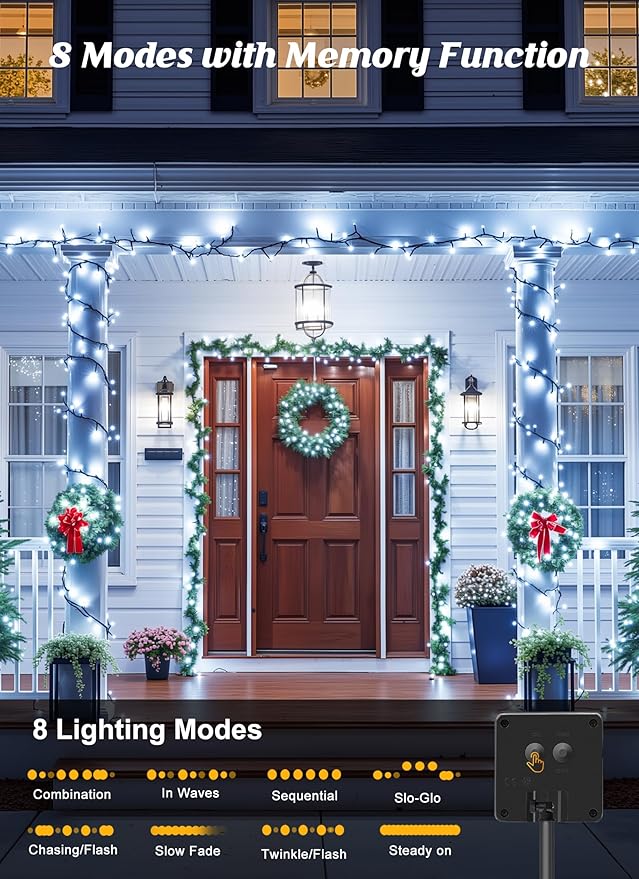Brightown Solar String Lights Outdoor, 2 Pack Total 80FT 200 LED Solar Powered String Lights Waterproof with 8 Modes, Auto On/Off, Patio Lights for Outside Tree Garden Balcony Party Decor (Cool White)