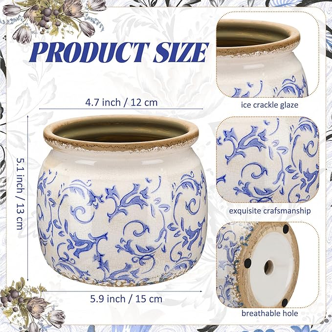 Vintage Planter Large Ceramic Plants Pot Blue Chinoiserie Crack Cottage Scroll Vase Flower Vase Pot Indoor Plants Home Kitchen Decor Farmhouse Antique Decorative Gift