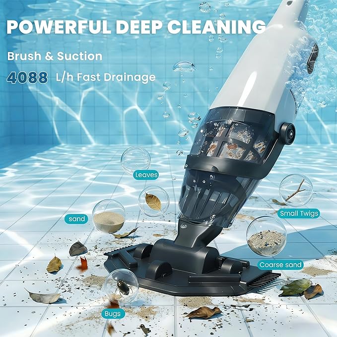 Cordless Handheld Pool Vacuum for Above Ground Pool, Pool Cleaner with 18 GPM & 60-90 Mins, 7.2 FT Section Pole Ideal for Leaves Dirt Sand, Hot Tub Spa Above Ground Pools In-ground Pools, Off-White