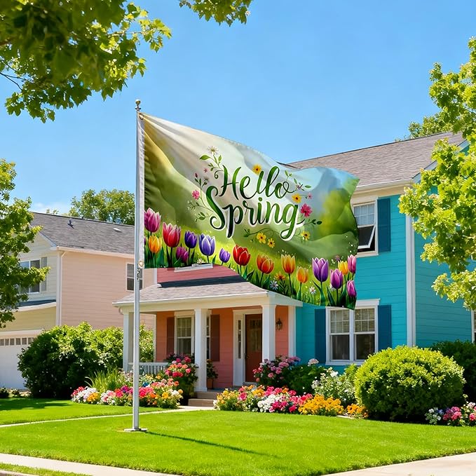 Hello Spring Flag 3x5 Ft, Double Sided Garden Banner with Colorful Tulips and Flowers, Outdoor Yard, Porch, Lawn & Patio Decoration, Seasonal Welcome Flag for Home, Durable Polyester with 2 Brass Grommets