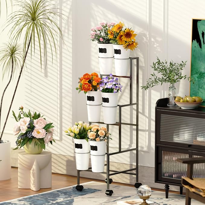 Flower Display Stand with 6 Buckets, Flower Cart with Wheels, 3 Layers Metal Flower Bar Stand Moving Flower Stand Florist Bouquet Shelf for Weddings Party Ceremony Indoor Outdoor Garden (Black)