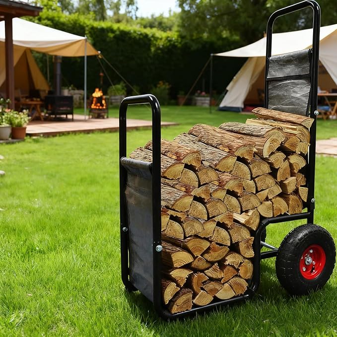 Doublehorse Firewood Cart with Pneumatic Wheel: 27 x 20 x 44 in Large Heavy Duty Metal Waterproof Portable Storage Rack - for Outdoor Camping Backyard Fireplace Indoor Use for Women Men