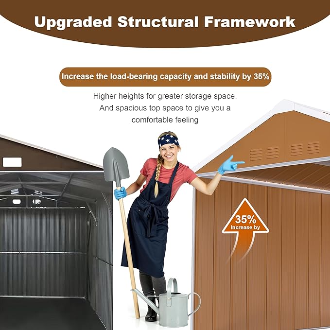 YOPTO 8x10 FT Outdoor Storage Shed,Metal Shed W/Lockable Doors,Windows & 4 Air Vents,Weatherproof Garden Tool House W/Sloped Roof,for Backyard,Lawn,Tool Organization,Brown