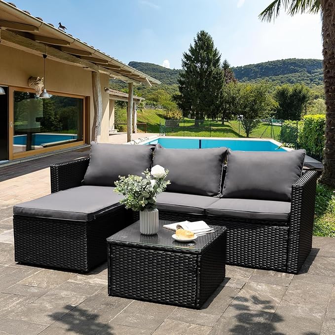 Shintenchi 4 Pieces Patio Furniture Sets, Outdoor Sofa Patio Sectional Sets All Weather, Wicker Rattan Seating Sofa Couch withwith Cushions & Coffee Table for Yard, Garden, Porch, Poolside (Gray)