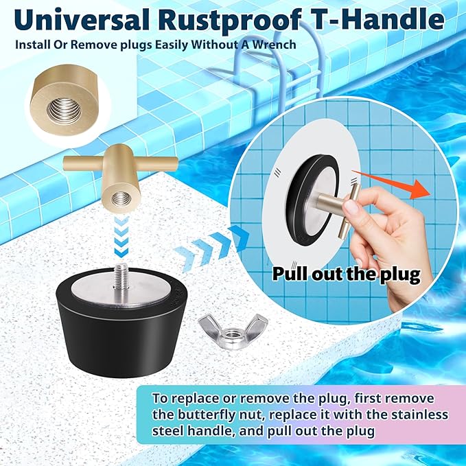 2 Pack Rubber Pool Winter Plugs with One T-Handle 1.5" – 2" Pool Winterizing Plugs with Stainless Steel Screws Pool Return Jet Plug Inground & Above Ground Skimmer Plug for Pools