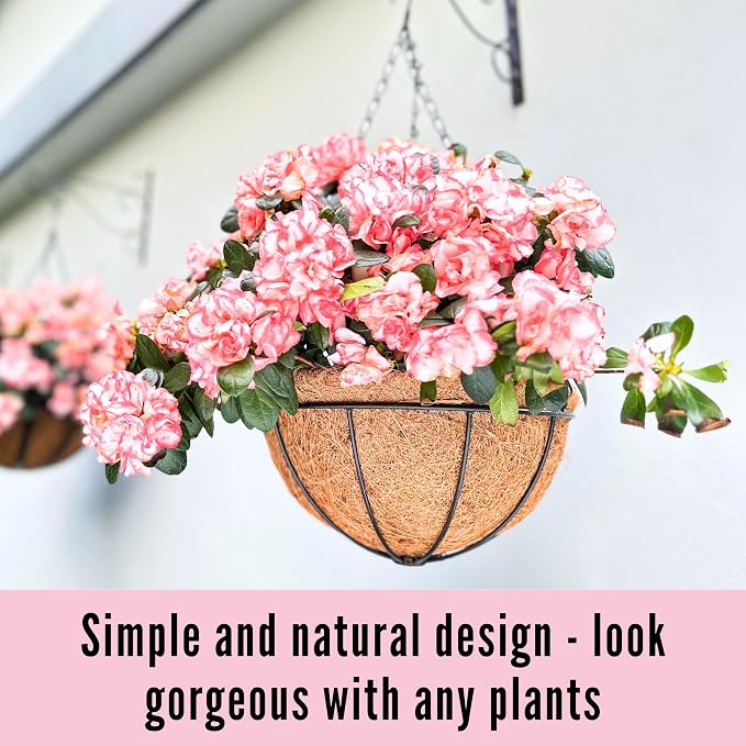 LaLaGreen Bundle- 3 Pack, 12 Inch Hanging Basket with Coco Liner + 10 Pack, 16.5 Inch Decorative Garden Fence Outdoor Landscape Edging Metal Wire Round Flower Holder Balcony Porch Patio Garden Decor