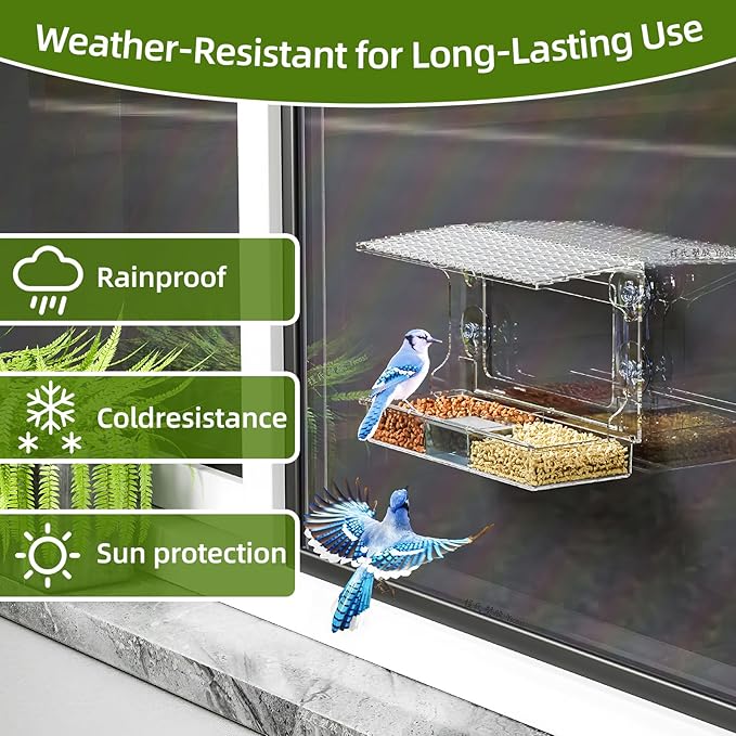 Window Bird Feeder with Strong Suction Cups – Flat-Tile Roof Acrylic Bird Feeder for Outdoors, Clear Viewing Box for Wild Birds & Cats, Easy-to-Clean, Large Capacity, Transparent Birdhouse Feeder