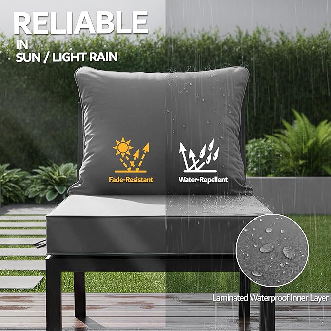 24x24 Inch Outdoor Chair Cushion with Removable Cover, Patio Furniture Cushion - Water-Repellent, Fade-Resistant, Non-Slip Bottom & Straps, Replacement for Deep Seat Sofa & Couch - Dark Grey