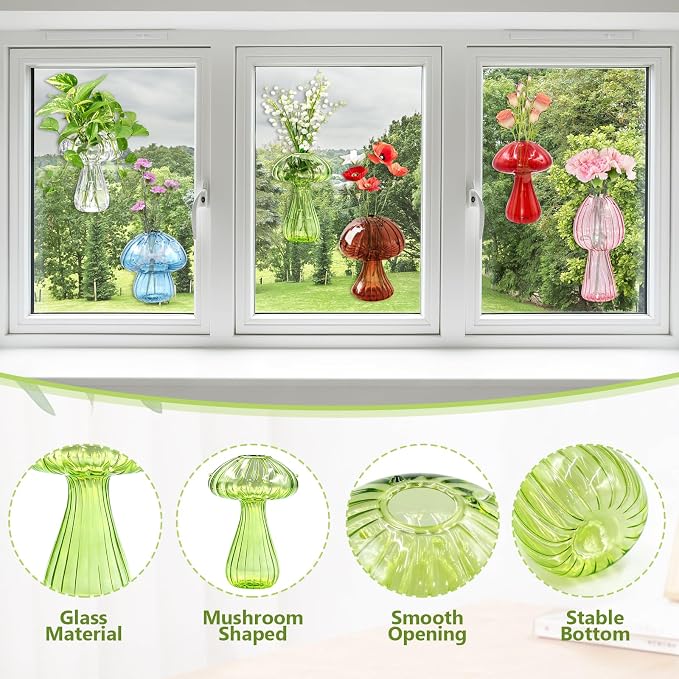 6Pcs Window Propagation Stations Colored Mushroom Propagation Vases with 8Pcs Suction Cups Glass Window Wall Hanging Planter Holder Small Bud Vases for Flowers Plant Home Decor