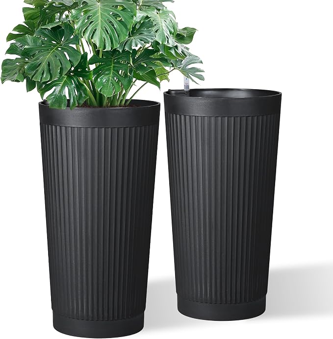 24in Tall Self-Watering Planters Set of 2, Black | Water level indicator, Self-watering irrigation system, Non-toxic PP plastic, Weather Resistant, Indoor Outdoor Use