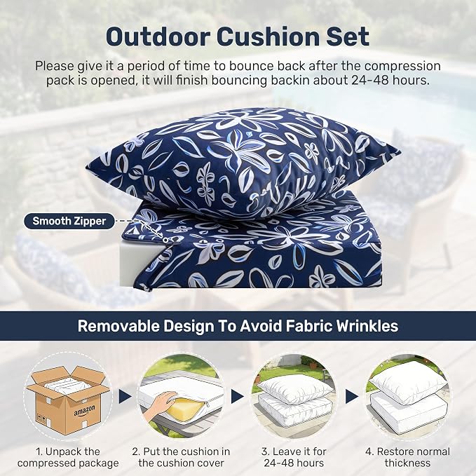 UNIKOME Outdoor Seat Cushions 24 X 24 Inch - Water-Resistant & Fade Resistant, Removable Cover Patio Furniture Cushions for Chair, Sofa, Couch, Wicker, NavyBlue/White