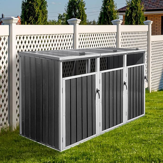 YOPTO 60 Cu.Ft Trash Bin,Waterproof Trash Bin Outdoor Enclosure,Metal Garbage Bin Storage Shed Stores,with 3 Cans,Lid and Lockable,Sheds House Shelter w/Ventilated,for Campsites,Courtyards,White Lime