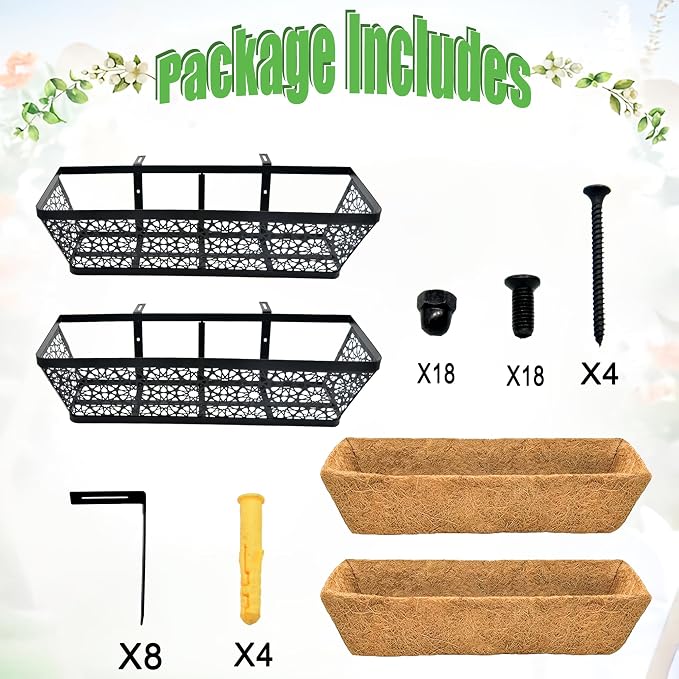 Railing Planter Window Boxes Round Hole Horse Trough Planter with Coco Fiber Liner Deck Balcony Rail Planters Black Metal Hanging Flower Planters Window Basket for Outdoor Porch (2 Pack, 24 Inch)