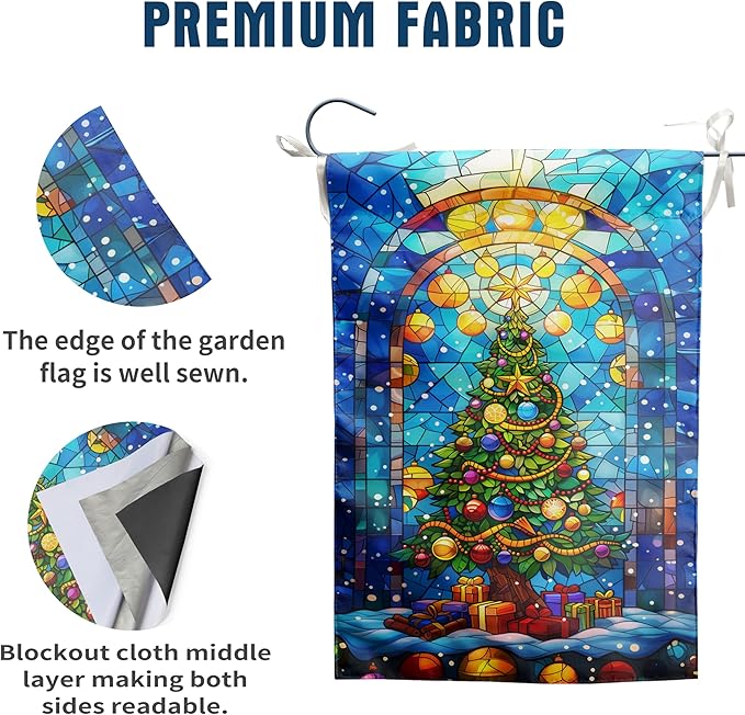 Stained Glass Christmas Tree Garden Flag Merry Xmas House Flags 28x40 Double Sided Welcome New Year Outdoor Flag Happy Holidays Flag Large Winter Yard Flag for Outside Lawn Decor