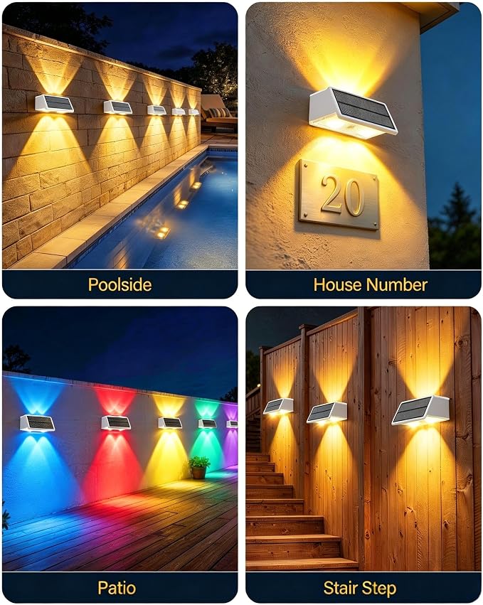 Solar Fence Lights Outdoor, 100LM Fence Lights Solar Powered, 9 Color Modes, Up and Down LED Focused Beam, 12H Dusk to Dawn Glow for Pool/Patio/Wall/Backyard - 2 Pack, Pure White