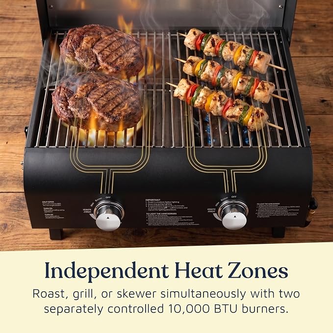 Black Portable Gas Grill, Dual 10,000 BTU Burners, 275 Sq.In Cooking Space, Push-to-Start Ignition, Wind-Proof Lid with Built-in Thermometer, Perfect for Camping Tailgates & Backyard BBQ Cookouts