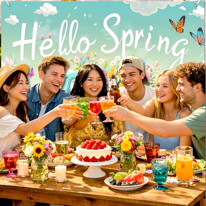 BlissYard Hello Spring Backdrop 8x6ft Flower Truck Photography Background Spring Garden Party Scenic Banner for Easter Celebration Birthday Baby Shower Classroom Photo Booth Decor