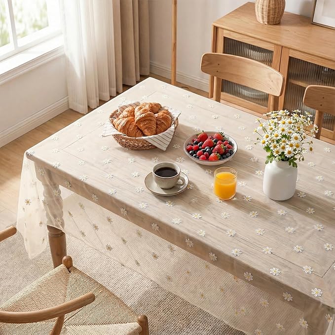 Horaldaily Champagne Embroidery Daisy Spring Summer Gauze Tablecloth 60×104 Inch Rectangular, Seasonal Tulle Table Cover, Garden Party Decorations for Wedding, Party, Holiday Dining