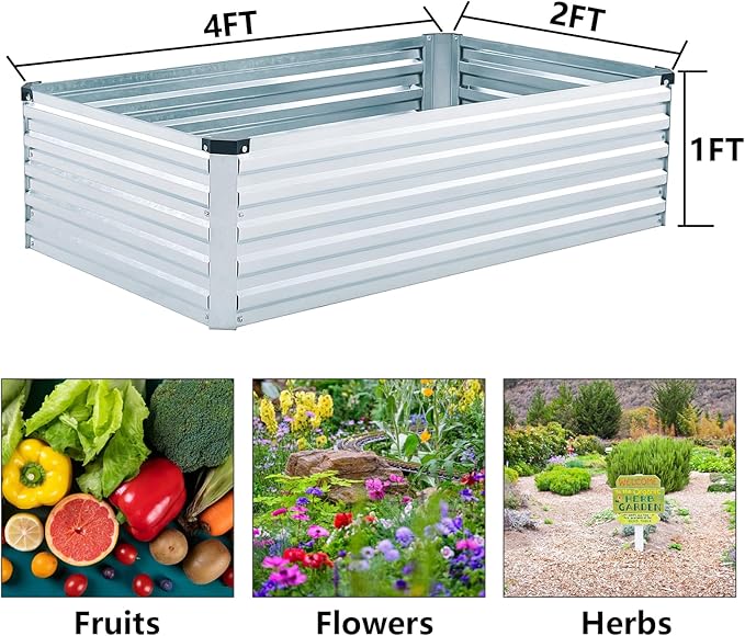 Meberam 2 Pack 4x2x1FT Galvanized Raised Garden Bed Kit, Outdoor Metal Planter Box for Vegetables, Bottomless Rectangular Gardening Bed with Support Rods, Tool-Free Assembly, Gray