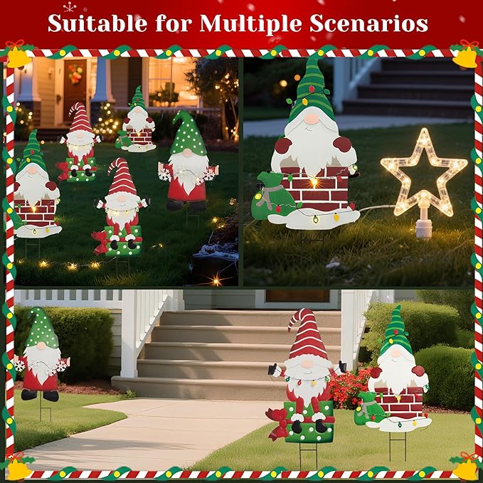 Christmas Gnome Yard Stake Indoor & Outdoor Decorations, Lighted Metal Solar Powered LED Holiday Garden Stakes, Waterproof for Pathway Patio Lawn Porch, Winter Xmas Snowflake Decor Signs
