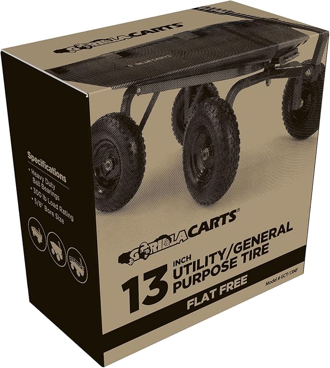 Gorilla Carts 2-Pack 13 Inch No-Flat Replacement Tires, 300 lb Capacity Each – Solid Polyurethane, 2.16” Hub, 5/8” Bore – Fits Lawn & Garden Utility Wagon, Hand Truck, Air Compressor, Pressure Washer