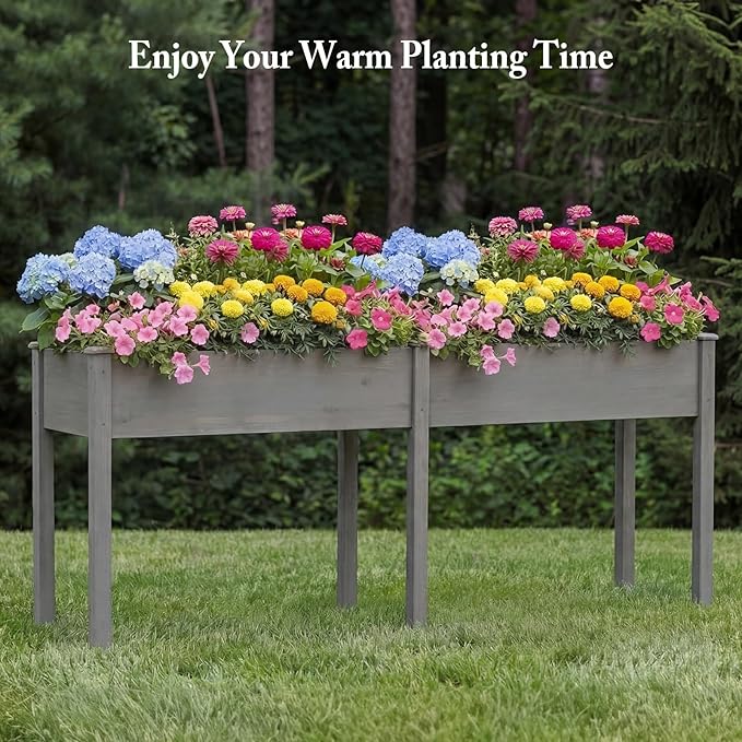 DUMOS Raised Garden Bed with Legs, 72x23x30 Inch Planter Box Outdoor with Liner for Herbs Flowers Vegetables, Elevated Wooden Garden Bed for Patio, Balcony and Backyard, Grey