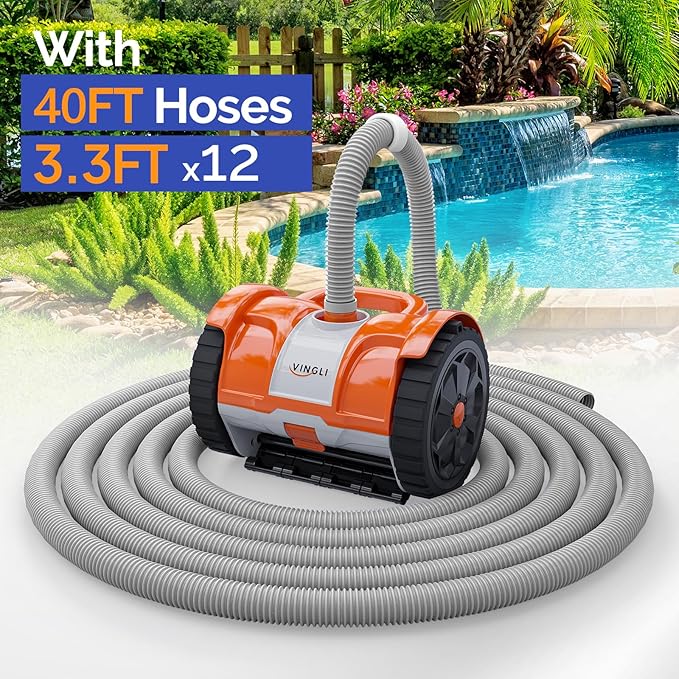 (2025 Upgrade) VINGLI Automatic Suction-Side Pool Vacuum Cleaner, Powerful Wall-Climbing Sweeper for Inground Pools, Includes 39.6ft Tangle-Free Hose (Orange&Gray)